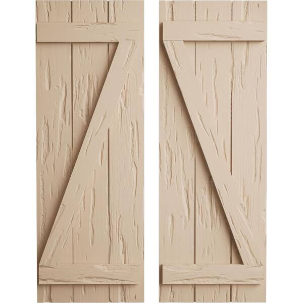 Ekena Millwork 16.5 in. x 80 in. Timberthane Polyurethane 3-Board Joined Board-n-Batten Pecky Cypress Faux Wood Shutters w/Z-Board Pair