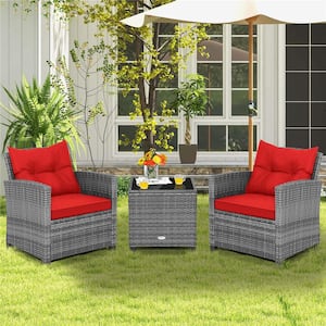 Grey 3-Piece Metal Rectangle 19.5 in. Outdoor Bistro Set with CushionGuard Red