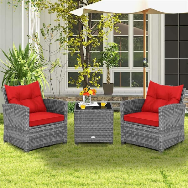 Costway Grey 3-Piece Metal Rectangle 19.5 in. Outdoor Bistro Set with CushionGuard Red