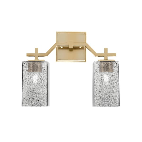 Unbranded Bridgewater 13.5 in. 2 Light Vanity Light New Age Brass with 3.5 in. Square Smoke Bubble Glass Shades, No Bulbs Included