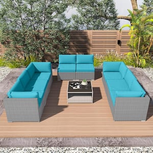 9-Piece Wicker Outdoor Patio Conversation Seating Sofa Set with Coffee Table, Light Blue Cushions