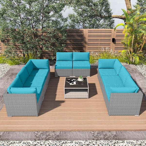 EAGLE PEAK 9-Piece Wicker Outdoor Patio Conversation Seating Sofa Set with Coffee Table, Light Blue Cushions