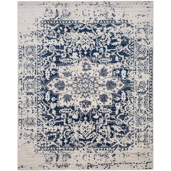 Madison Cream/Navy 12 ft. x 18 ft. Geometric Border Floral Medallion Area Rug