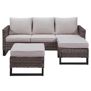 Gray 3-Piece U-shaped Foot Design Wicker Patio Sectional Set with Beige Cushions