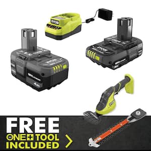 ONE+ 18V Lithium-Ion 4.0 Ah Battery, 2.0 Ah Battery and Charger Kit with FREE ONE+ Cordless Grass Shear/Shrubber Trimmer