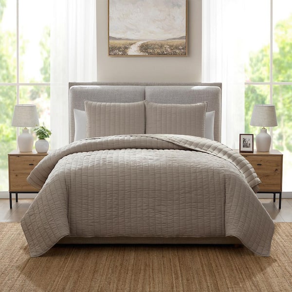 BECKI OWENS DI Stripe 3-Piece Poly Cotton Blend Gauze Quilt Set Full/Queen 90 in. x 96 in. Taupe