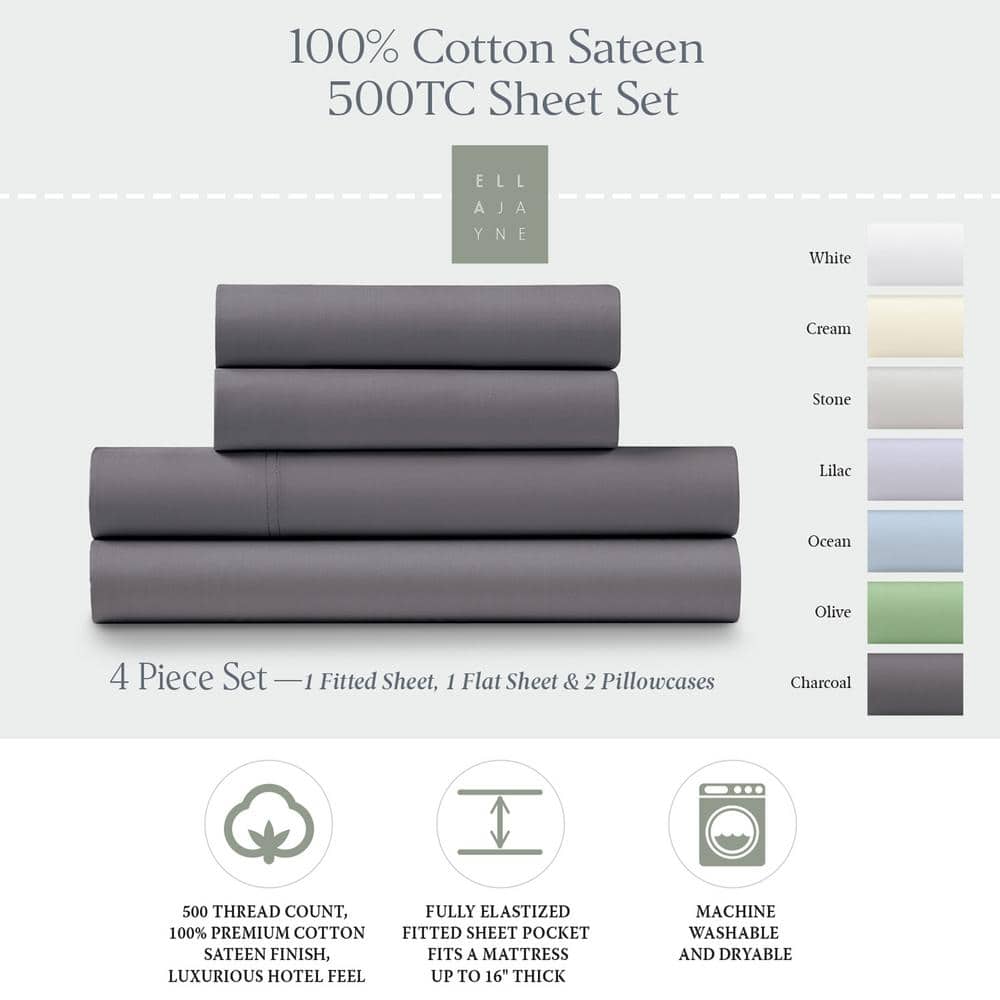 Charcoal Queen Cotton Percale Deep Pocket Sheet Set