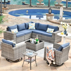 Marvel Gray 9-Piece Wicker Wide Arm Patio Conversation Set with Denim Blue Cushions and Swivel Rocking Chairs