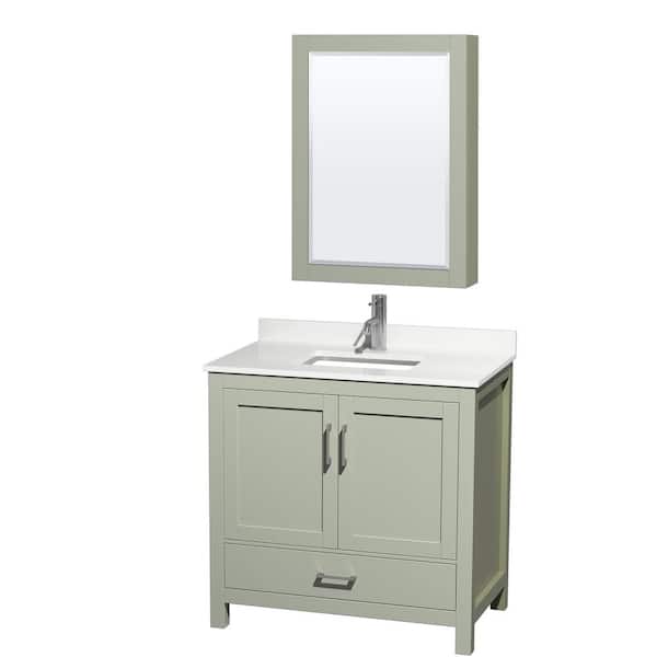 Wyndham Collection Sheffield 36 in. W x 22 in. D x 35 in. H Single Bath Vanity in Light Green with White Quartz Top and Mirror