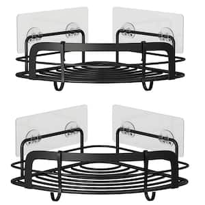 Wall Mounted Bathroom Shower Caddies Adhesive Coner Storage Basket with Movable Hooks in Black 2-Pack