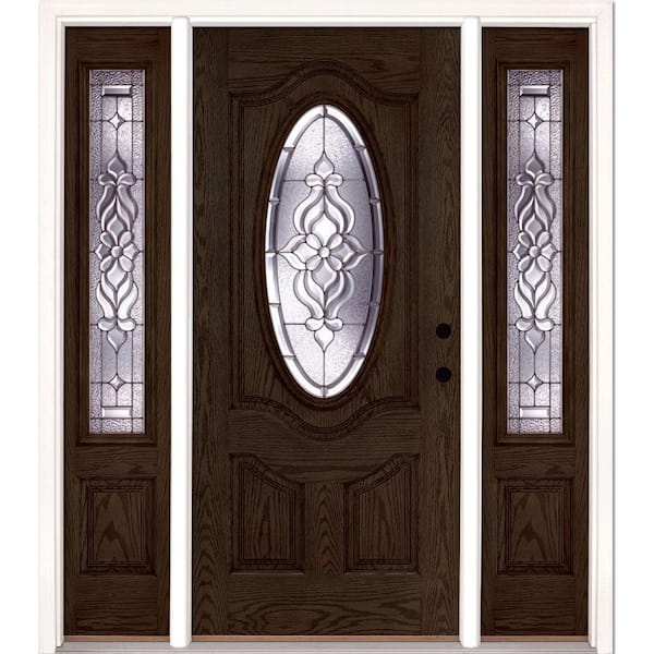 Feather River Doors 63.5 in.x81.625 in. Lakewood Zinc 3/4 Oval Lite Stained Walnut Oak Left-Hand Fiberglass Prehung Front Door w/Sidelites
