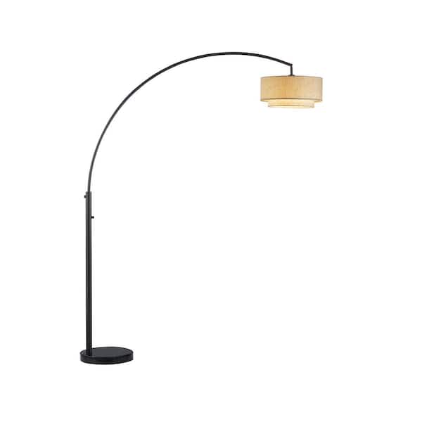 ARTIVA Elena II 82 in. Double Tan Shade LED Arched Floor Lamp with Black Marble Base & Dimmer, Dark Bronze