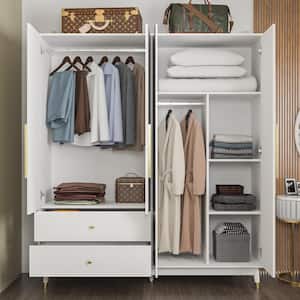 White MDF Wood Board 63 in. Width Armoire Wardrobe with Mirrored Door, Hanging, Shelves and Drawers