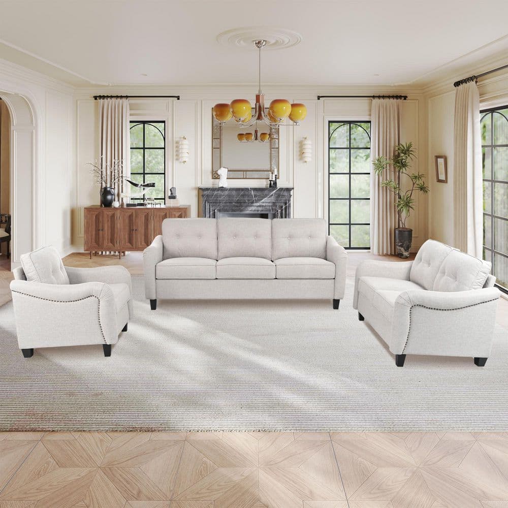 Noble House Oscar 3-Piece Beige Polyester Upholstered Living Room Set with Armrest 147723