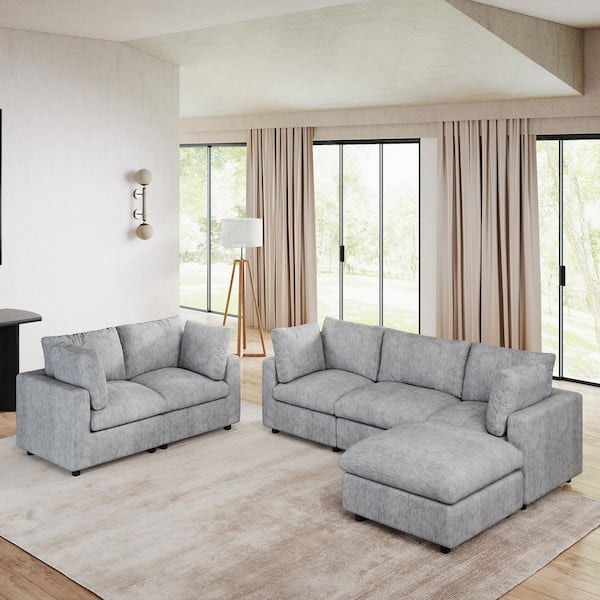 6-Piece Modular Gray Chenille Fabric Cloud Sectional Sofa Living Room Set with Washable Covers, Ottoman, Pine Wood Frame