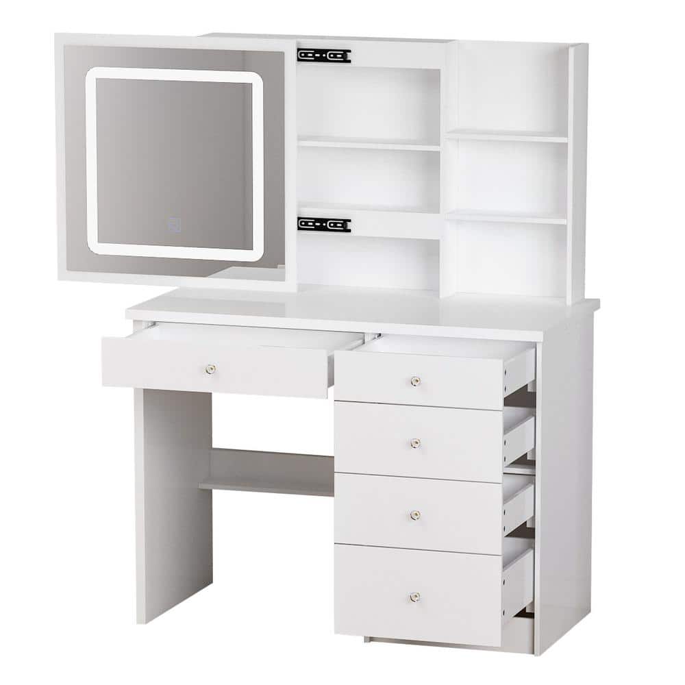 5-Drawers White Wood LED Push-Pull Mirror Makeup Vanity Sets Dressing Table Sets with Stool and 3-Tier Storage Shelves - thumbnail 4