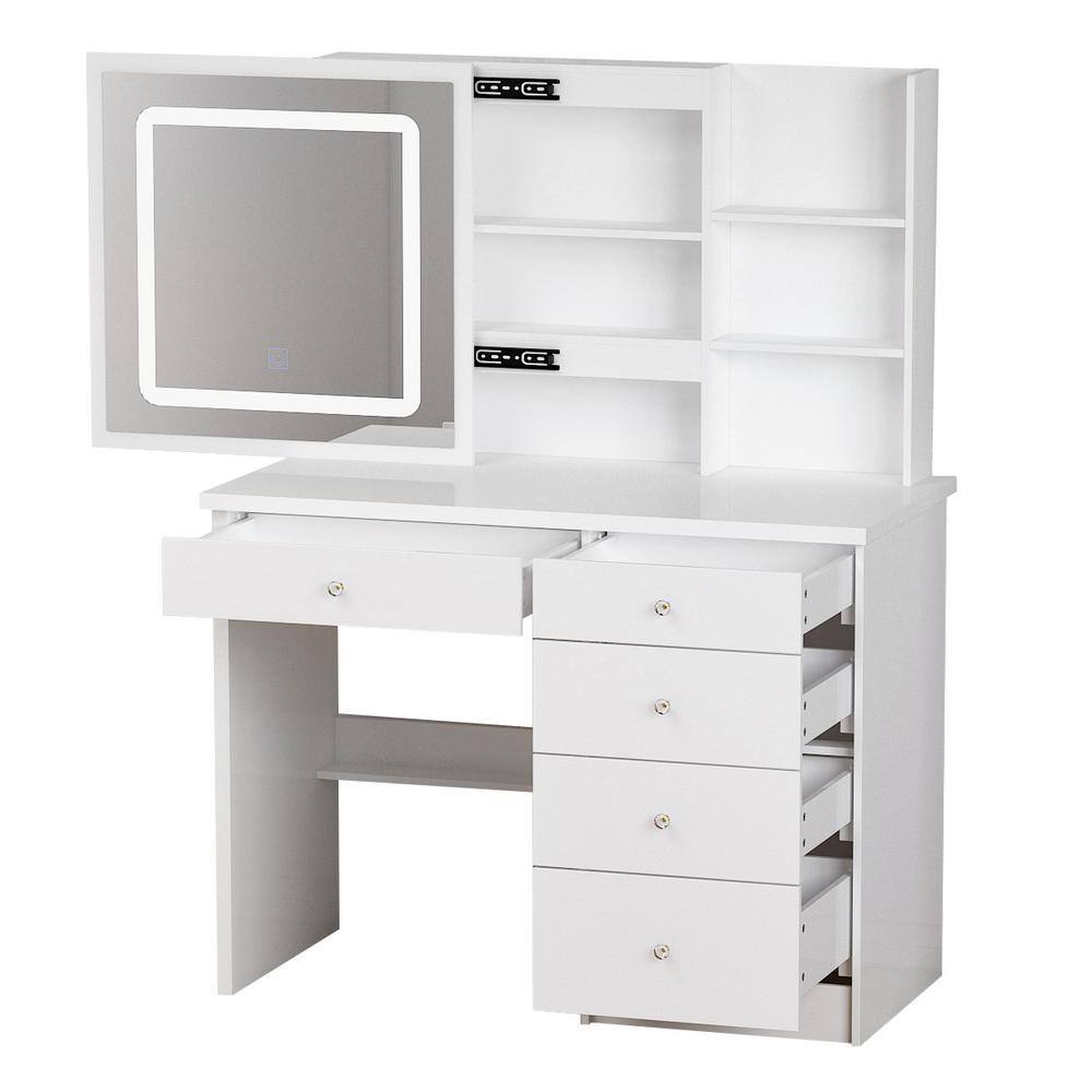5-Drawers White Wood Makeup Vanity Sets Dressing Table Sets With LED Push-Pull Mirror, Stool and Storage Shelves - thumbnail 4