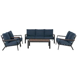 OC Orange Casual 5-piece Aluminum Outdoor Conversation Set with Wood Top Coffee Table, Blue Cushions