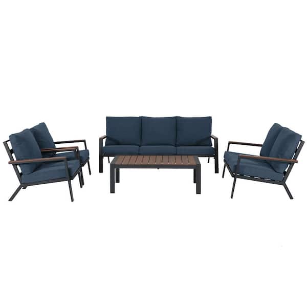 Freestyle 5-Piece Aluminum Outdoor Conversation Set with Wood-Top Coffee Table, Blue Cushions