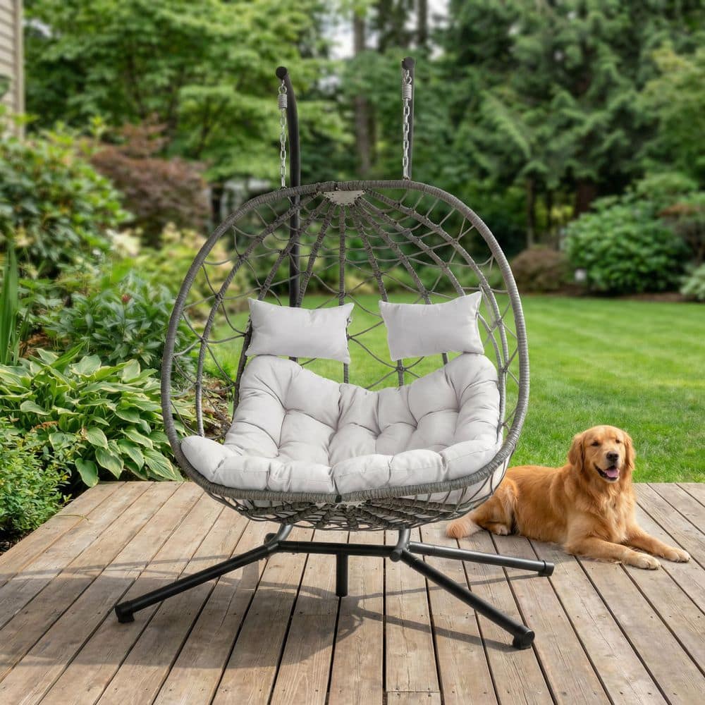 2-Seat Gray Wicker Egg Swing Chair with Beige Cushion for Bedroom Garden Backyard Balcony price history on PriceWatchPro
