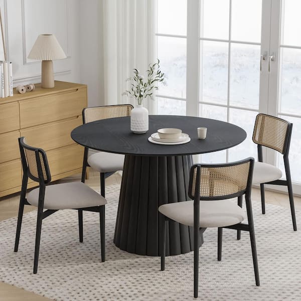 Dovelina 46 in. Oak Wood Black Column Pedestal Round Kitchen Table Dining Table Seats 4