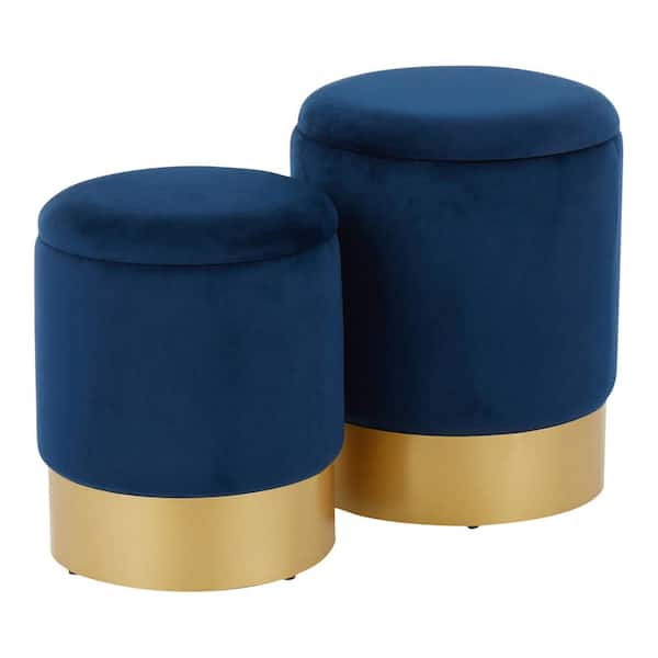Lumisource Marla Nesting Blue Velvet and Gold Ottoman Set
