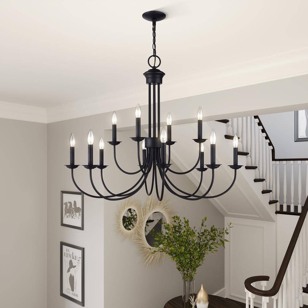 Black Steel 12-Light Large 2-Tier Candelabra Chandelier
