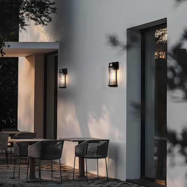Modern Black Outdoor Wall Lantern Sconce with Textured Seeded Glass Shade Gold 1-Light Porch Patio Decorative Lighting