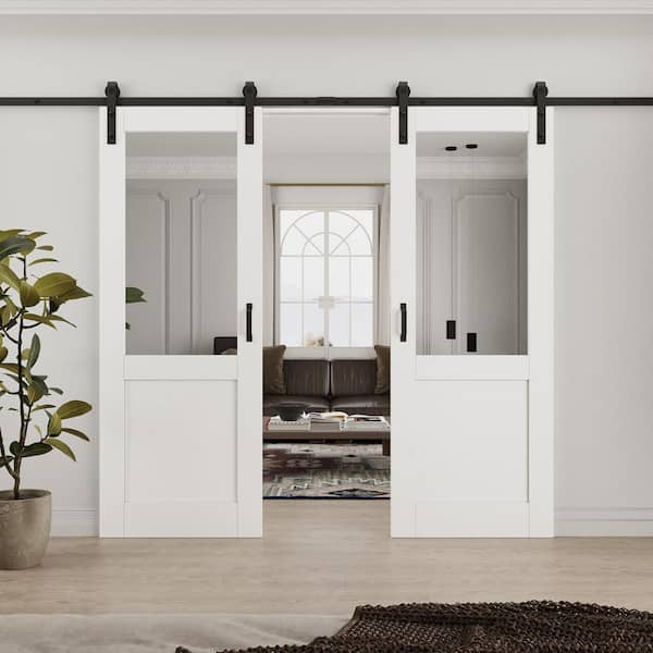 60 in. x 80 in. 1/2-Lite Mirrored Glass White Primed Glass Sliding Barn Door with Hardware Kit