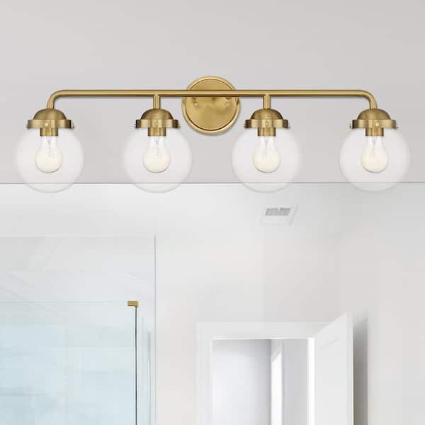 Knoll 33 in. 4-Light Brushed Gold Retro Vanity Light with Clear Glass Shades