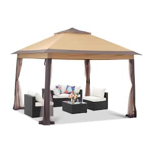 11 ft. x 11 ft. Brown Outdoor Double-Roofed Patio Canopy Tent Pop-up Canopy Gazebo with Mesh