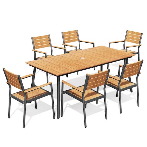 70 in. Brown Aluminum Patio Dining Table with Umbrella Hole and Brown Stackable Dining Chair (6-Pack)