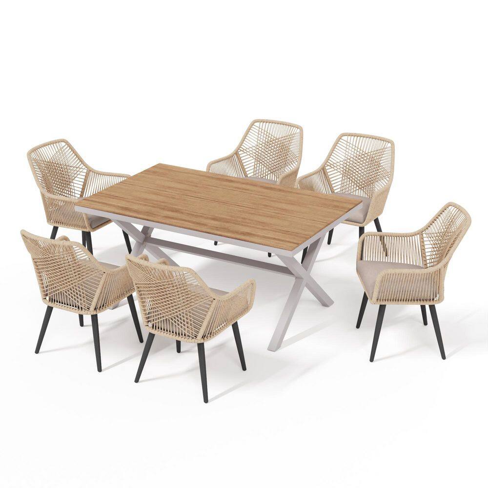 7-Piece Wood Patio Outdoor Dining Set with Beige Cushions, PE Rattan Chairs and Rectangle Wood Table price history on PriceWatchPro