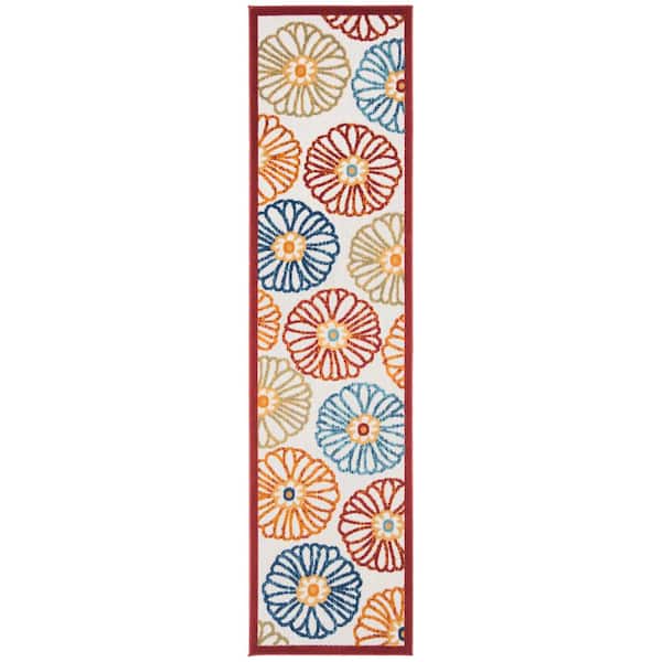 Cabana Cream/Red 2 ft. x 6 ft. Border Floral Indoor/Outdoor Patio  Runner Rug