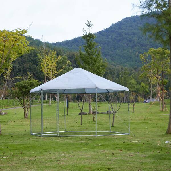 GOGEXX 13.1ft. x 8.6 ft. Metal Chicken Coop Steel Wire Walkin Poultry Cage Rabbit House With Waterproof Cover For Outdoors Yard