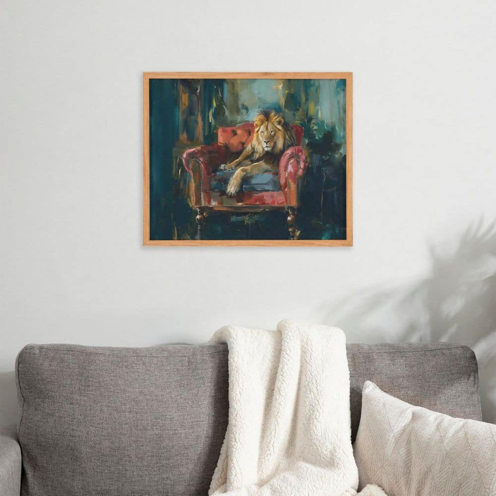 Majestic Lion Portrait in Rich Jewel Tones with Natural Wood Frame