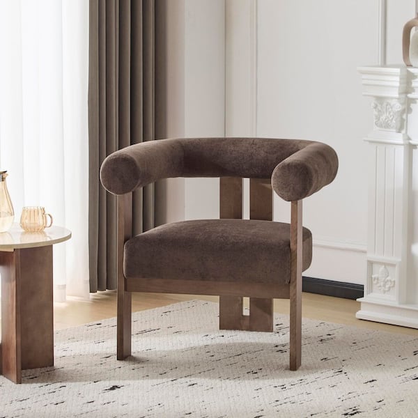 Ralis Modern Velvet Upholstered Solid Wood Accent Arm Chair, Dark Brown + Walnut