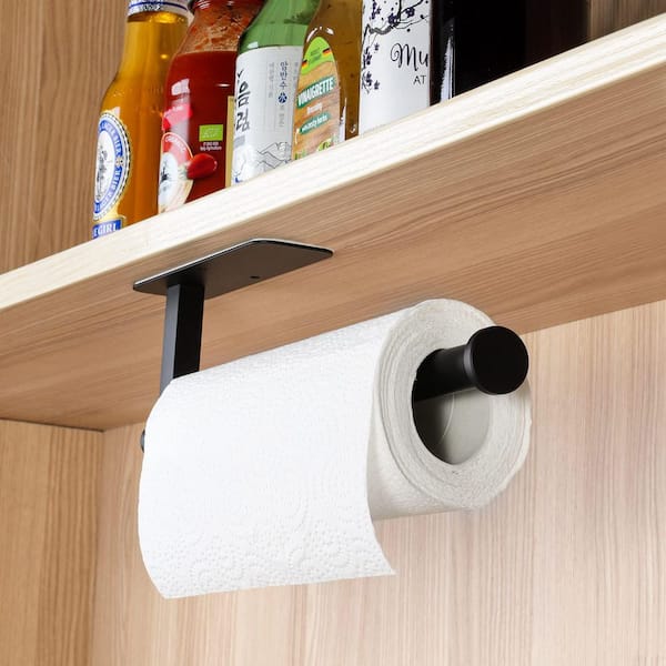 Stainless Steel Paper Towel Holder with Under Cabinet, Self Adhesive and Wall Mount for Kitchen, Matte Black (1-Pack)