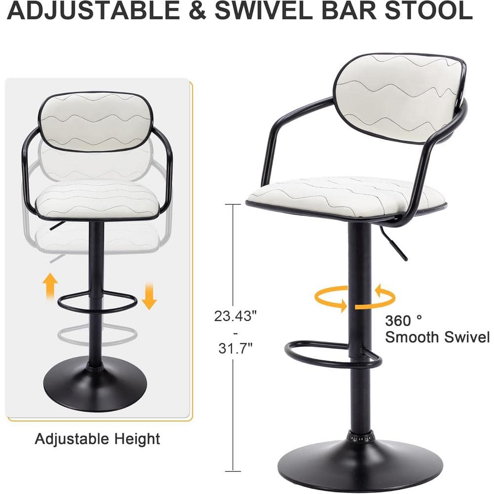 Adjustable White Faux Leather Swivel Bar Stools with Black Metal Frame, Set of 2