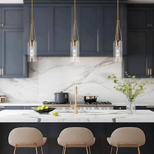 Modern Brass Pendant Light 1-Light Cylinder Drum Mini Pendant Light with Hammered Glass Shade for Kitchen, Hallway