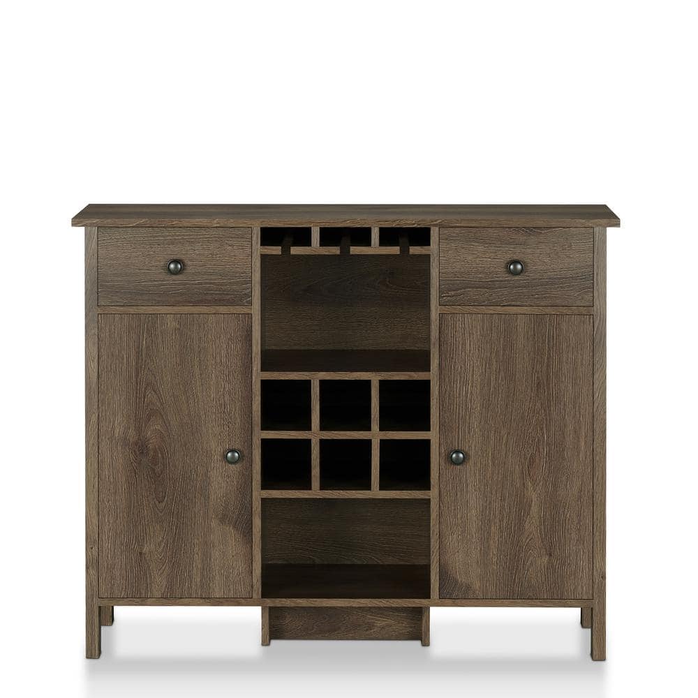 Front view of a distressed walnut wine bar cabinet with drawers and cabinets.