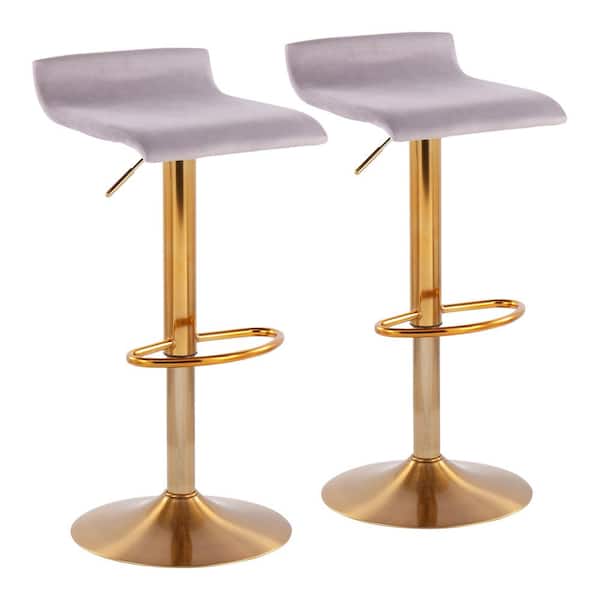 Lumisource Ale 34.75 in. Silver Velvet and Gold Steel Adjustable Bar Stool (Set of 2)