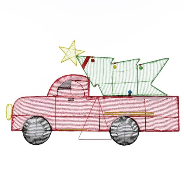 LuxenHome 22 in. H Lighted Red Truck and Christmas Tree Yard Decoration