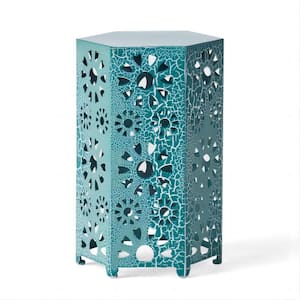14 in. Crackle Teal Iron Side Table