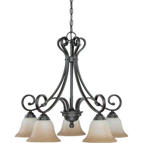 Glomar 5-Light Sudbury Bronze Arms Down Chandelier with Champagne Linen Glass Shade