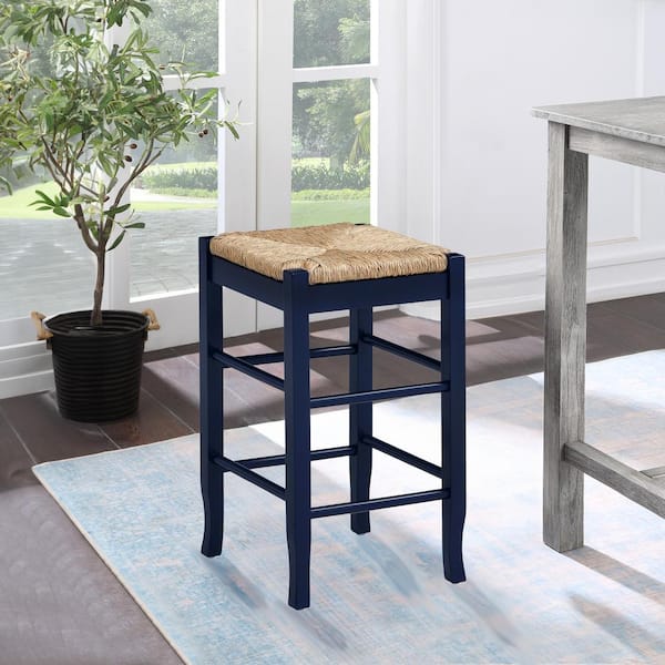 Boraam Square Rush Backless Wood Counter Stool-Navy Blue Finish
