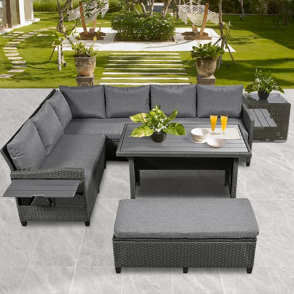 Zeus & Ruta Gray 5-Piece PE Rattan Wicker Outdoor Sectional Set with Gray Cushions and Dining Table