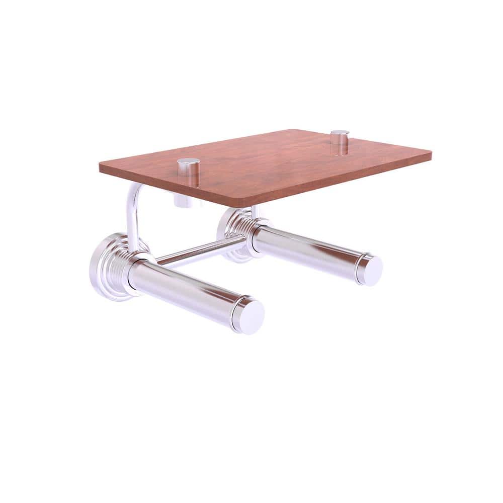 Satin Chrome Double Roll Toilet Paper Holder with Wood Shelf