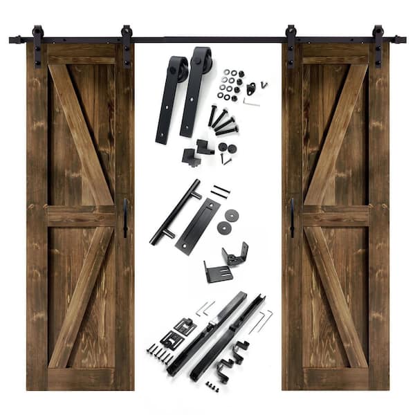 HOMACER 26 in. x 84 in. K-Frame Walnut Double Pine Wood Interior Sliding Barn Door with Hardware Kit Non-Bypass