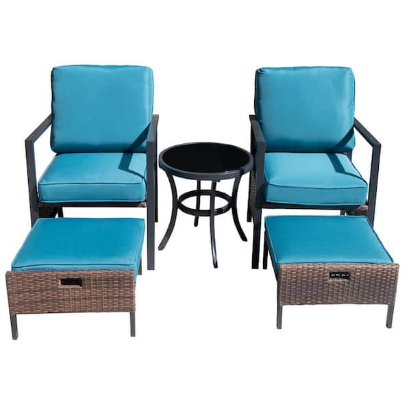 Unbranded Luxury 5 PCS Wicker Patio Conversation Set with Ottoman and Blue Cushion